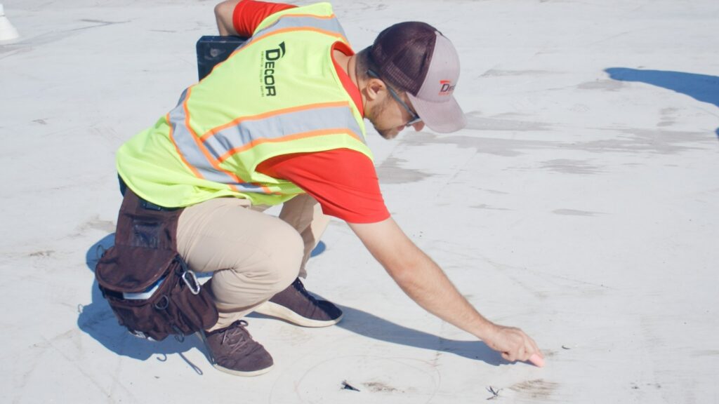 Construction worker in a neon safety vest kneeling on a white rooftop, drawing on the surface with chalk or marker fringe visible underfoot
